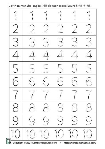 lembar kerja untuk belajar berhitung membilang dan menebalkan angka