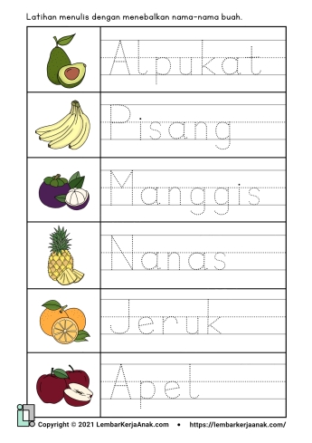 Lembar Kerja Untuk Belajar Membaca menebalkan nama buah