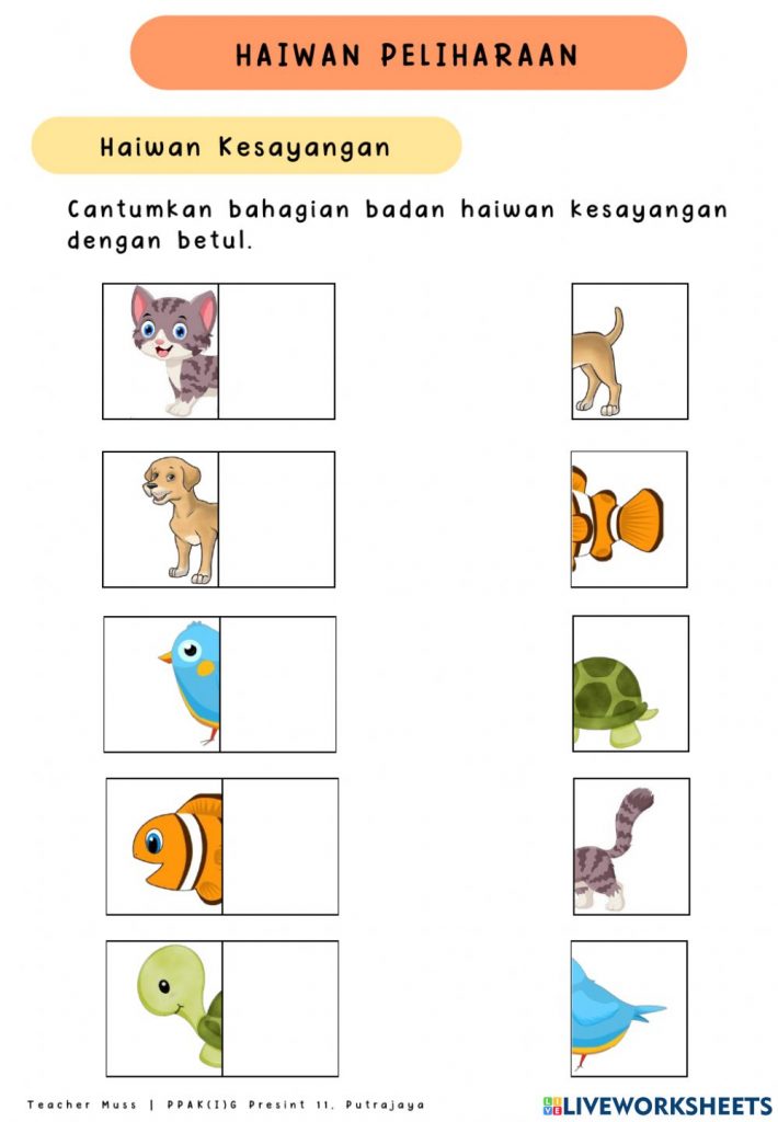 lembar kerja PAUD/TK tema binatang menjodohkan gambar hewan