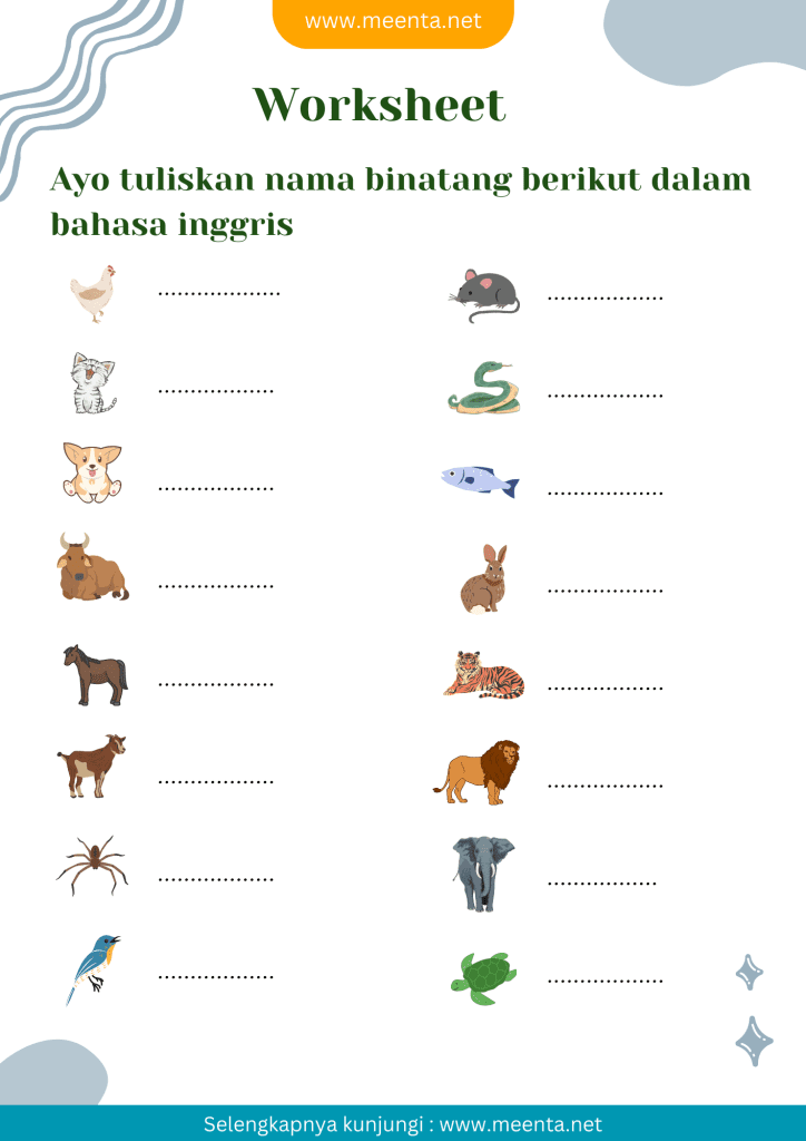 worksheet bahasa inggris anak tentang hewan