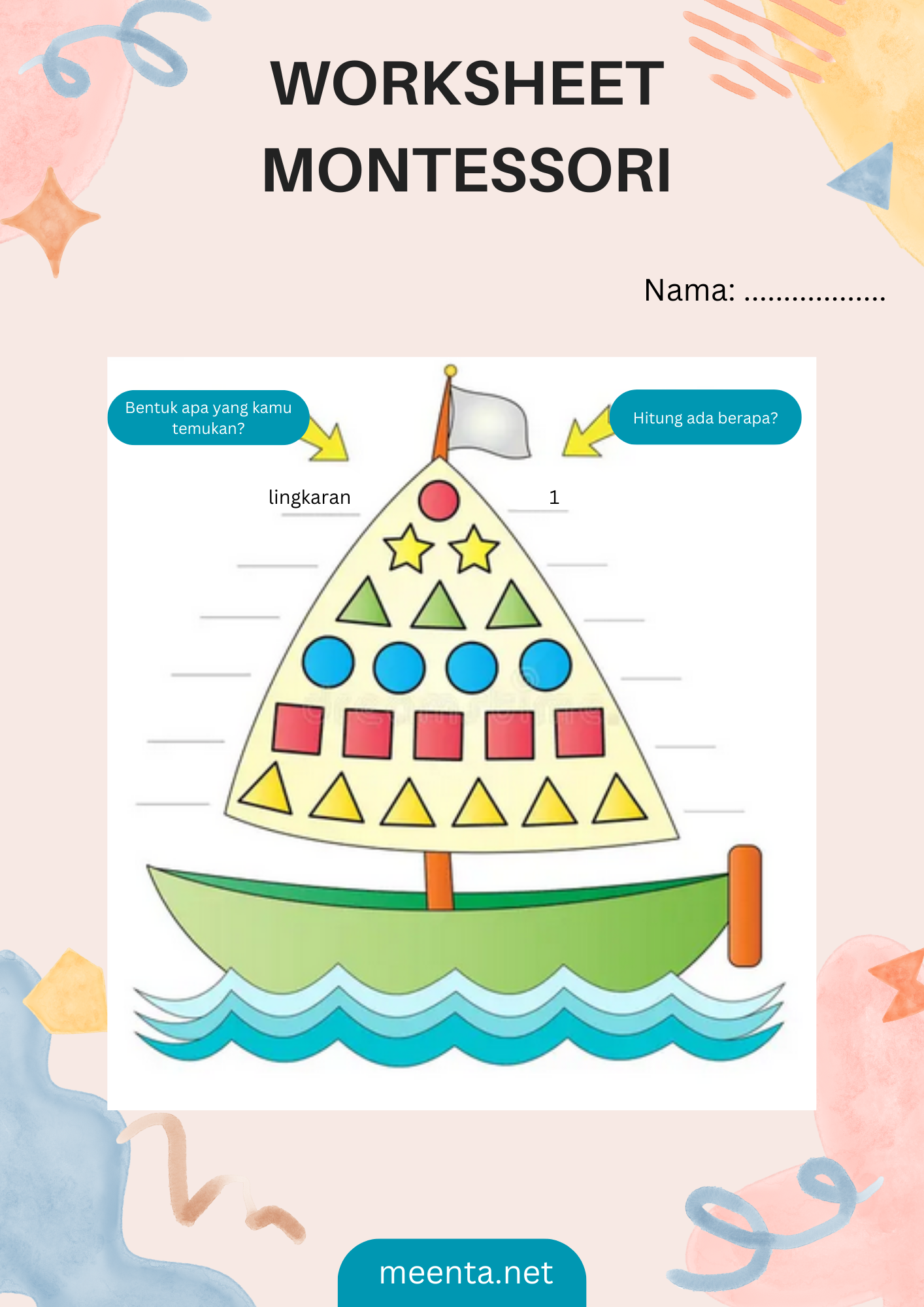 Worksheet Montessori menghitung bentuk dan jumlah