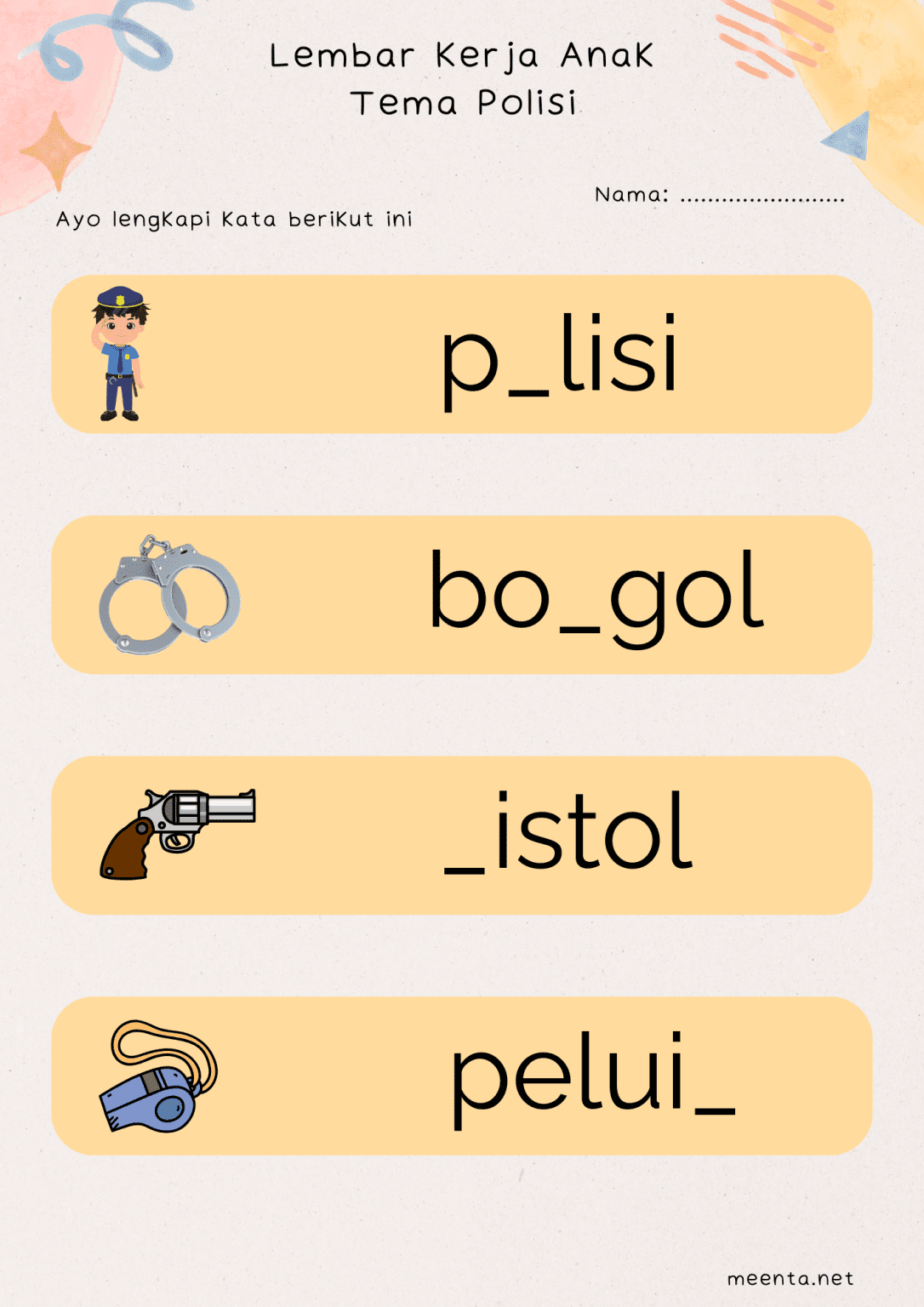 7 Lembar Kerja Anak Tema Polisi Untuk TK/PAUD