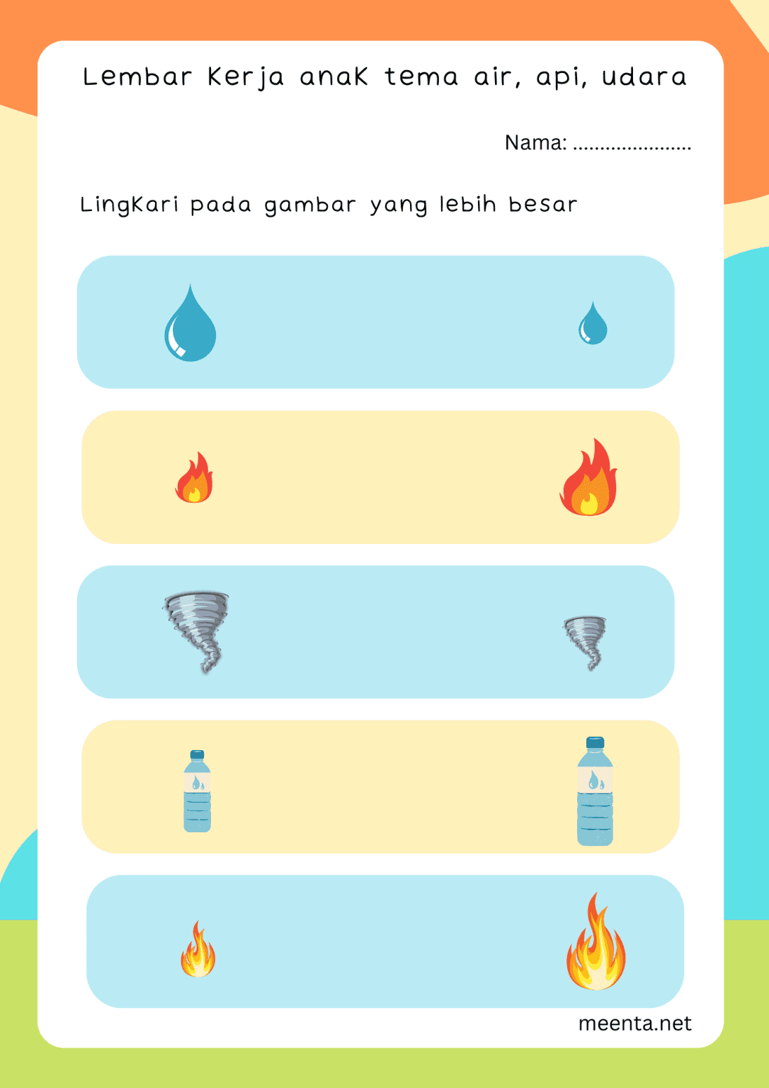 7 Lembar Kerja Anak Tema Air, Udara, Api