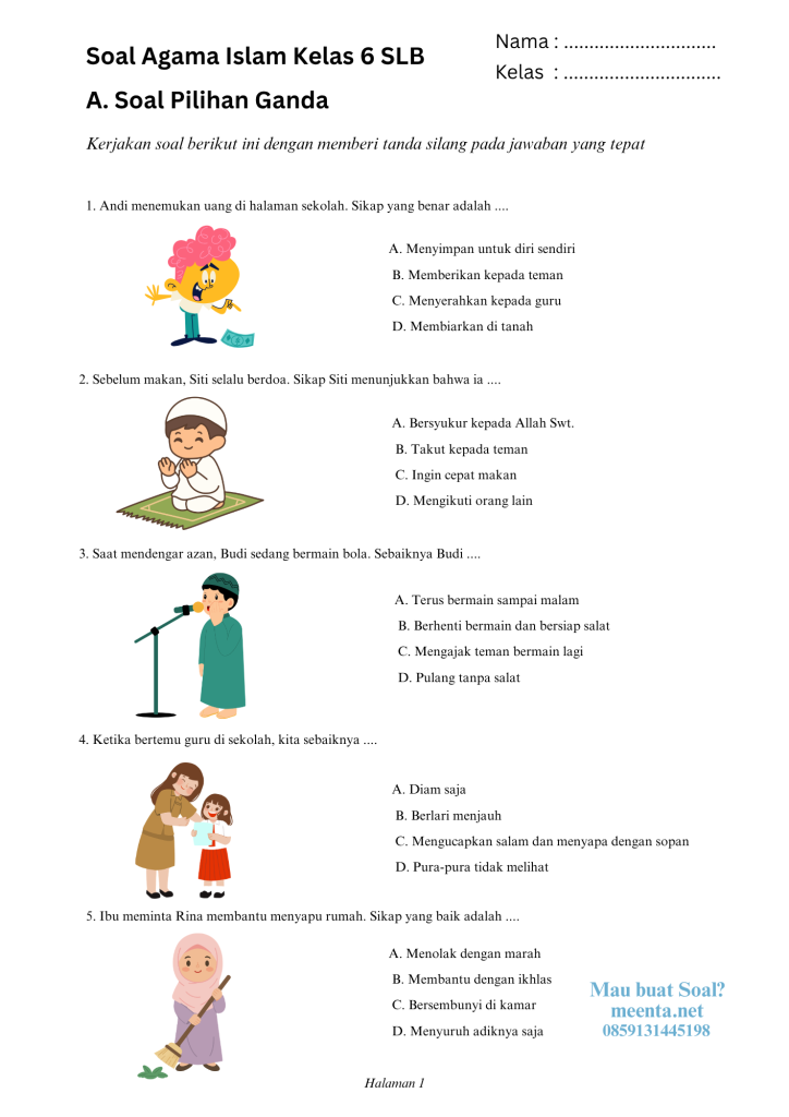 Soal PAI agama islam kelas 6 SLB (1)